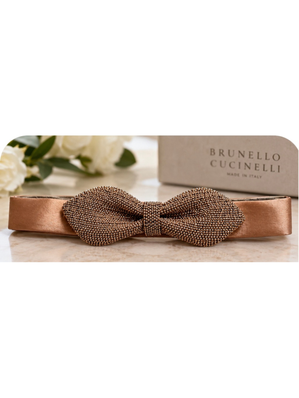 Brunello Cucinelli Beaded Bow Tie in Rose Gold, One Size Italian True Luxury NWT